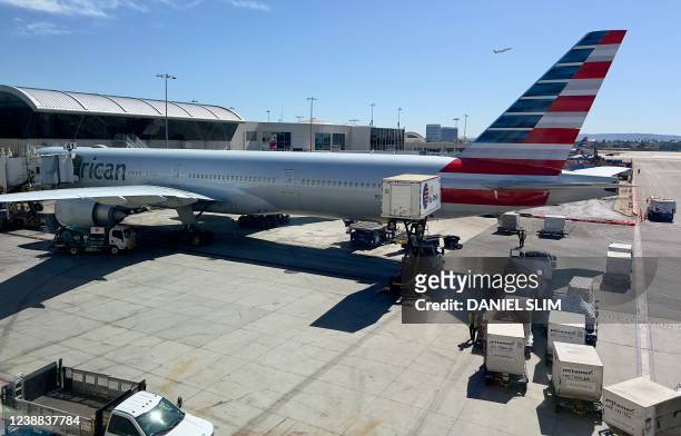 American Airlines planes are seen at Los Angeles International Airport on February 28, 2022 in Los Angeles.