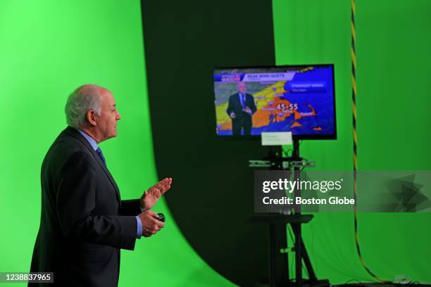 Needham, MA Reporting the weather with a greenscreen behind him, the dean of New England weather forecasting, Harvey Leonard, WCVB's chief...