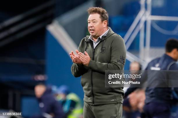 Rubin head coach Leonid Slutsky gestures during the Russian Premier League match between FC Zenit Saint Petersburg and FC Rubin Kazan on February 28,...