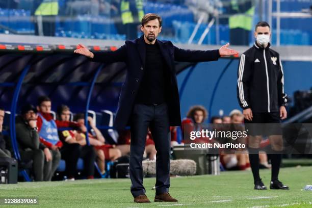 Zenit St. Petersburg head coach Sergei Semak reacts during the Russian Premier League match between FC Zenit Saint Petersburg and FC Rubin Kazan on...