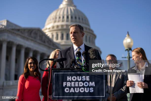Rep. Scott Perry speaks during a news conference with members of the House Freedom Caucus outside the U.S. Capitol on February 28, 2022 in...