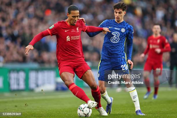 Virgil van Dijk of Liverpool in action with Kai Havertz of Chelsea during the Carabao Cup Final match between Chelsea and Liverpool at Wembley...