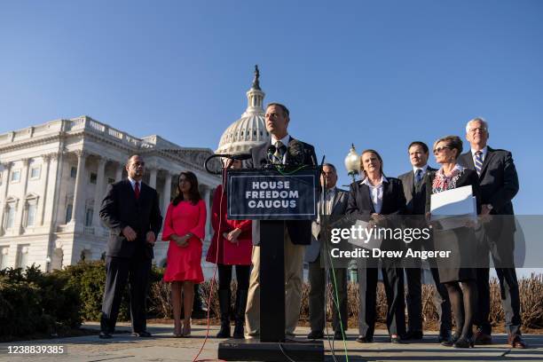 Rep. Scott Perry speaks during a news conference with members of the House Freedom Caucus outside the U.S. Capitol on February 28, 2022 in...