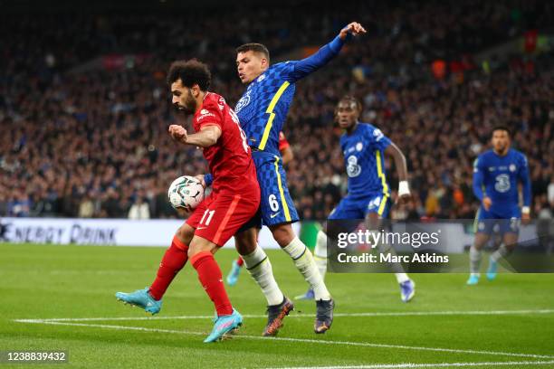 Mohamed Salah of Liverpool tangles with Thiago Silva of Chelsea during the Carabao Cup Final match between Chelsea and Liverpool at Wembley Stadium...