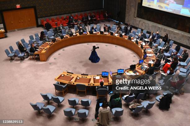 General view of the United Nations Security Council meeting at United Nations headquarters in New York City on February 28, 2022. - The United...