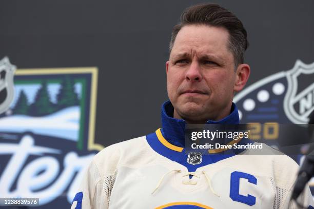 Buffalo Sabres Alumni Martin Biron speaks to the media during a press conference launching the upcoming 2022 Tim Hortons NHL Heritage Classic at Tim...