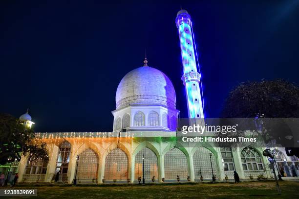 View of the Hazratbal shrine illuminated on the occasion of Shab-e-Meraj on February 28, 2022 in Srinagar, India.