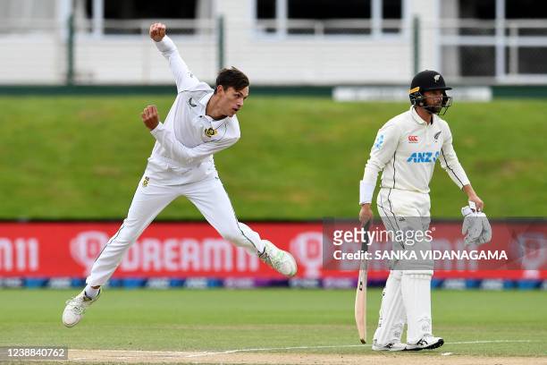 South Africa's Marco Jansen bowls on day five of the second cricket Test match between New Zealand and South Africa at Hagley Oval in Christchurch on...