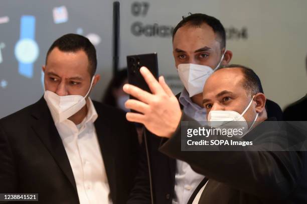Visitors take a selfie at the Samsung booth at Mobile Word Congress 2022. The Mobile World Congress 2022 opens today in Hospitalet de Llobregat after...