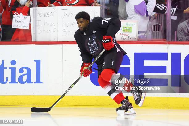 New Jersey Devils defenseman P.K. Subban enters the ice for warm up in a jersey of his design honoring the the players who came befor him during...