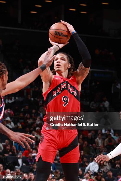 Wilson of the Toronto Raptors shoots the ball during the game against the Brooklyn Nets on February 28, 2022 at Barclays Center in Brooklyn, New...