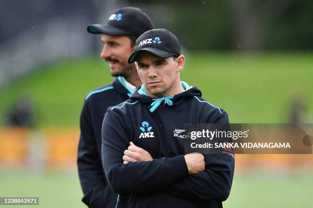 New Zealand's captain Tom Latham looks on during the presentation ceremony at the end of day five of the second cricket Test match between New...