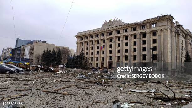 This general view shows the damaged local city hall of Kharkiv on March 1 destroyed as a result of Russian troop shelling. - The central square of...