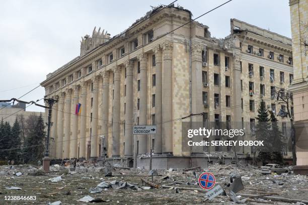 This general view shows the damaged local city hall of Kharkiv on March 1 destroyed as a result of Russian troop shelling. - The central square of...