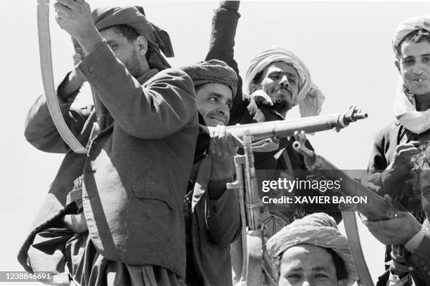 Picture released on December 5, 1972 shows armed tribesmen of the North Yemen fighting in Kaakaba, bordertown of the North Yemen during the war...