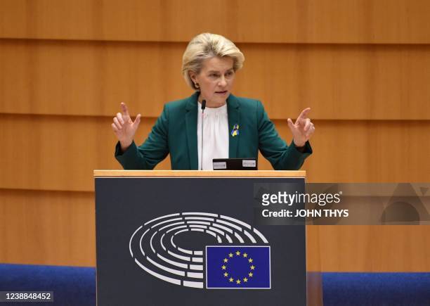 European Commission President Ursula von der Leyen delivers a speech during a special plenary session of the European Parliament focused on the...