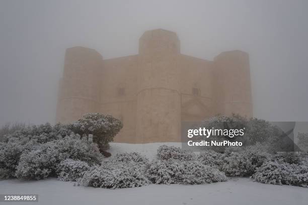 Castel del Monte completely whitewashed with snow and temperature -2 ° on 1 March 2022 in Andria. March offers a purely winter-flavored Tuesday to...