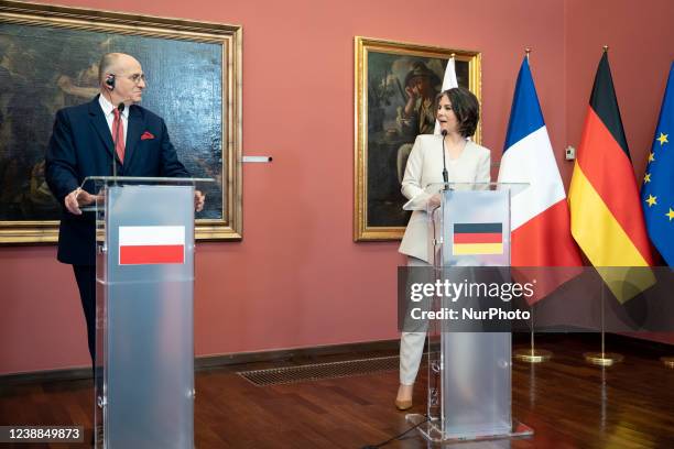 Annalena Baerbock and Zbigniew Rau during the press conference after the meeting of the foreign affairs ministers of Weimar Triangle at Herbst...