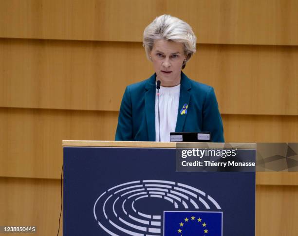 President of the European Commission Ursula von der Leyen delivers a speech during an extraordinary session of the European Parliament on Ukraine on...