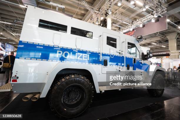 March 2022, Bavaria, Nuremberg: The armored vehicle of the type "ATT " of the company "STOOF" is exhibited at the fair "Enforce Tac". The ATT is...