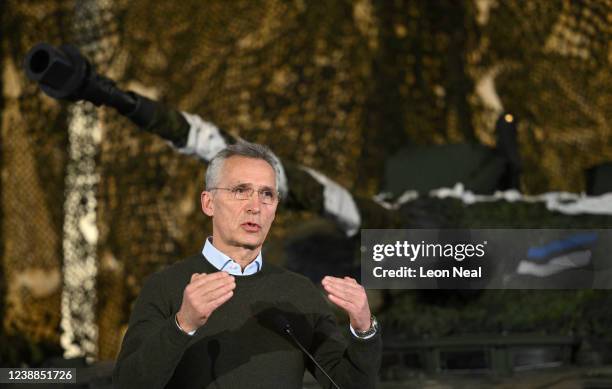 Jens Stoltenberg, Secretary General of NATO speaks during a joint press conference with Prime Minister of Estonia, Kaja Kallas and British Prime...