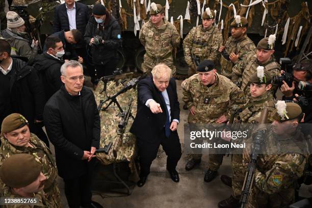 British Prime Minister Boris Johnson and Secretary General of NATO Jens Stoltenberg meet NATO troops after a joint press conference at the Tapa Army...