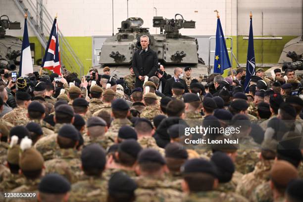 Secretary General of NATO Jens Stoltenberg meets NATO troops after a joint press conference at the Tapa Army Base on March 1, 2022 in Tallinn,...