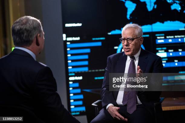 David Rubenstein, co-founder of the Carlyle Group Inc., speaks during an interview with Ken Griffin, chief executive officer and founder of Citadel...