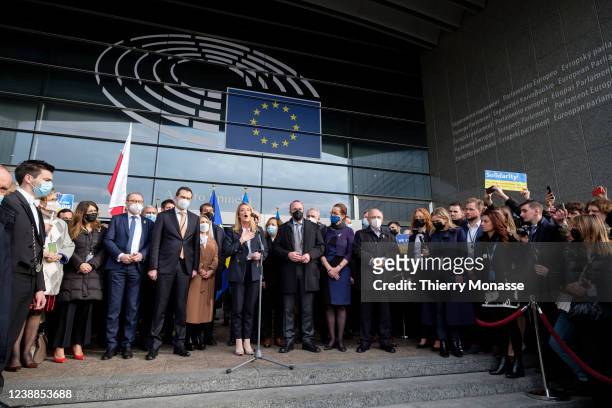 President of the European Parliament Roberta Metsola gives a speech in front of demonstrators after an extraordinary session of the European...