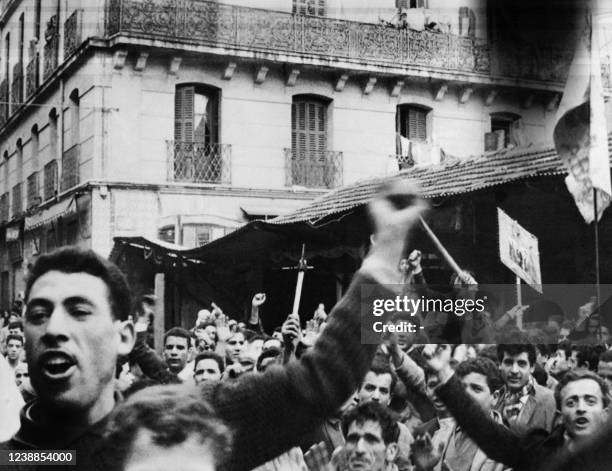 Thousands of Algerian Muslims demonstrate on December 14, 1960 in the European quarters of Algiers shouting "Yahia de Gaulle", "Algerian Algeria" and...