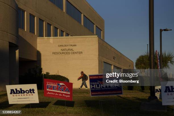 Campaign signs outside a polling location during primary elections in Corpus Christi, Texas, U.S., on Tuesday, March 1, 2022. Texas will be one of...