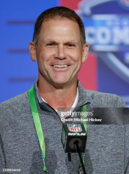 Trent Baalke, general manager of the Jacksonville Jaguars speaks to reporters during the NFL Draft Combine at the Indiana Convention Center on March...