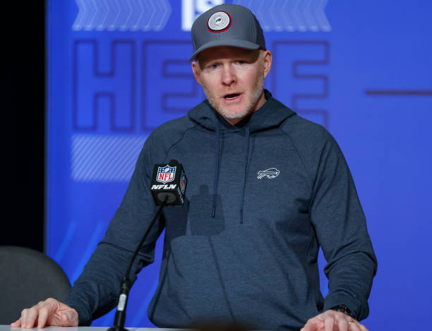 Sean McDermott, head coach of the Buffalo Bills speaks to reporters during the NFL Draft Combine at the Indiana Convention Center on March 1, 2022 in...