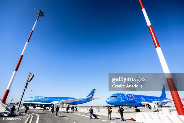 Airplanes with the new blue livery of ITA Airways, newborn Italian air company are seen at Fiumicino's international airport on the occasion of the...