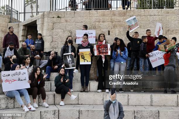 Group of people gather to demonstrate in support of Palestinian prisoners in Israeli jails in front of the Damascus Gate in Eastern Jerusalem on...