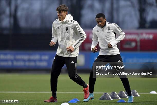 Nicolo Savona and Bayron Strijdonck during a Juventus U19 Training Session on March 01, 2022 in Alkmaar, Netherlands.