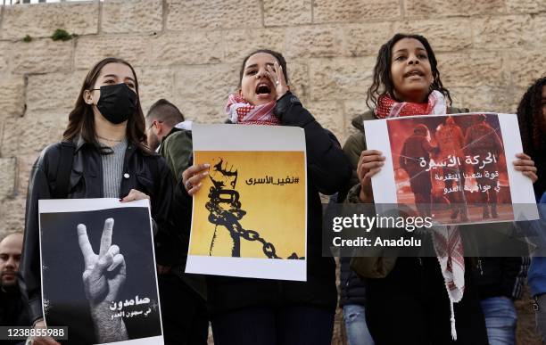 Group of people gather to demonstrate in support of Palestinian prisoners in Israeli jails in front of the Damascus Gate in Eastern Jerusalem on...