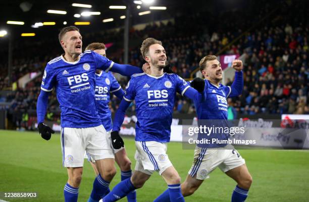 James Maddison of Leicester City celebrates with Jamie Vardy of Leicester City and Kiernan Dewsbury-Hall of Leicester City after scoring to make it...