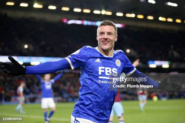 Jamie Vardy of Leicester City celebrates after scoring to make it 0-2 during the Premier League match between Burnley and Leicester City at Turf Moor...