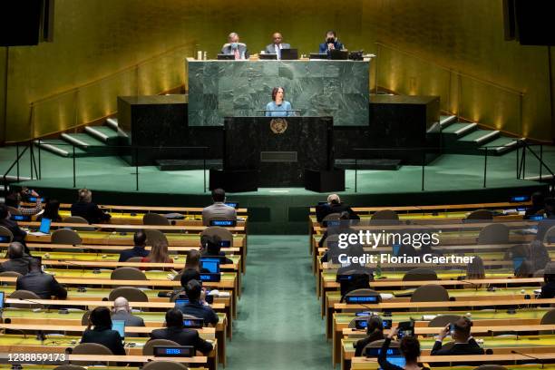 Annalena Baerbock, German Foreign Minister, speaks during the special meeting of the United Nation General Assembly on March 01, 2022 in New York,...