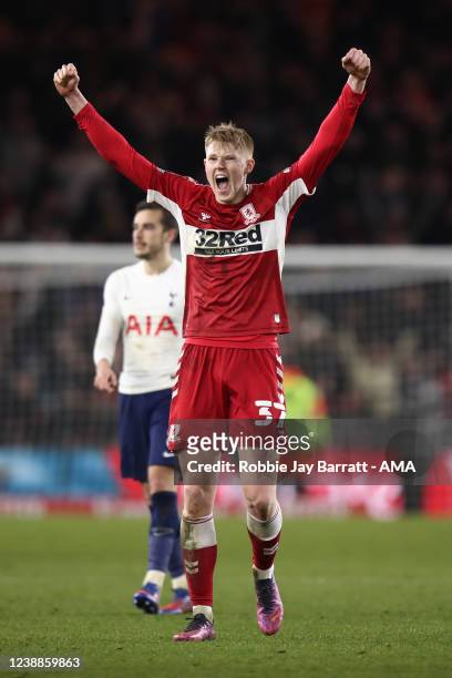 Josh Coburn of Middlesbrough celebrates at full time during the Emirates FA Cup Fifth Round match between Middlesbrough and Tottenham Hotspur at...
