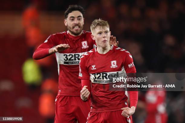 Josh Coburn of Middlesbrough celebrates at full time during the Emirates FA Cup Fifth Round match between Middlesbrough and Tottenham Hotspur at...