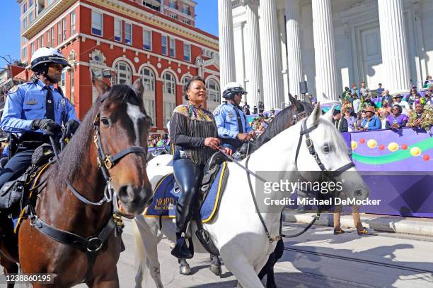 New Orleans Mayor LaToya Cantrell arrives by horseback at the reviewing stand at Gallier Hall as the 1,500 riders of the Krewe of Zulu roll down St....