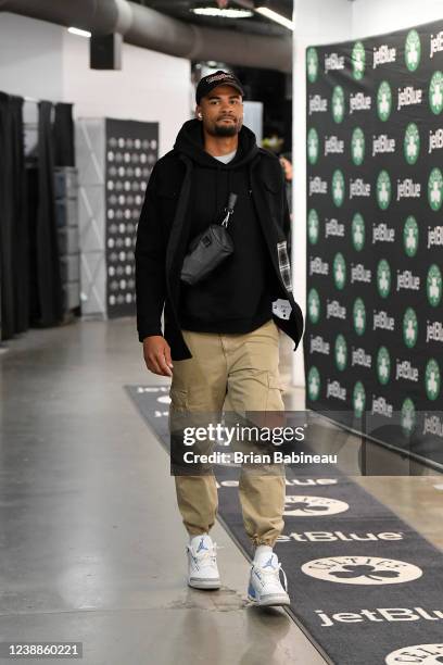 Timothe Luwawu-Cabarrot of the Atlanta Hawks arrives at the arena before the game against the Boston Celtics on March 1, 2022 at the TD Garden in...