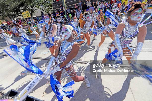 The New Orleans Baby Doll Ladies perform at Gallier Hall as the 1,500 riders of the Krewe of Zulu roll down St. Charles Avenue on Mardi Gras Day with...