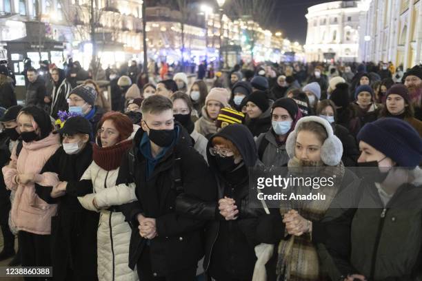 People gather to stage anti-war protest in Saint-Petersburg, Russia on March 1, 2022.