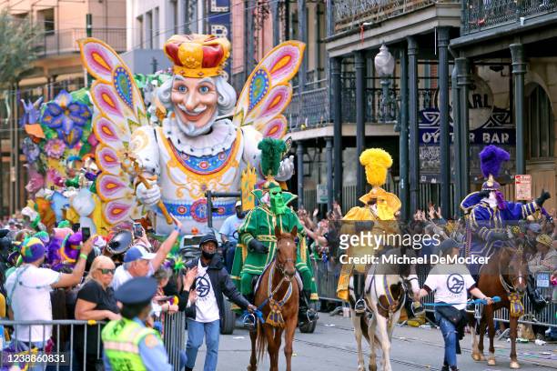 The Butterfly King float rolls down St. Charles Avenue on Mardi Gras Day as the 440 riders of Rex, King of Carnival, celebrate their 150th year with...