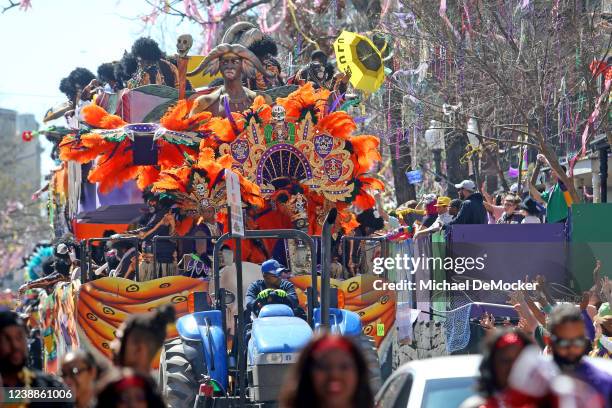 The 1,500 riders of the Krewe of Zulu roll down St. Charles Avenue on Mardi Gras Day with their 44-float parade entitled Zulu Salutes Divas and...