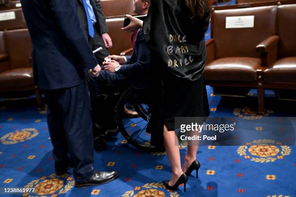 Rep. Lauren Boebert wears an outfit reading "Drill Baby Drill" at the State of the Union address at the U.S. Capitol on March 1, 2022 in Washington,...