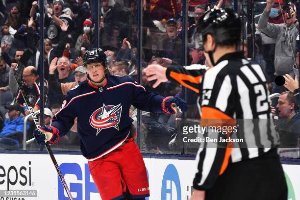Patrik Laine of the Columbus Blue Jackets celebrates his third period goal against the New Jersey Devils at Nationwide Arena on March 1, 2022 in...